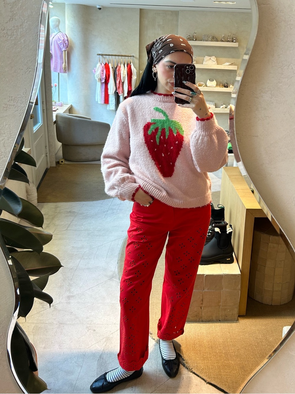High waisted Red Embroidered Pants